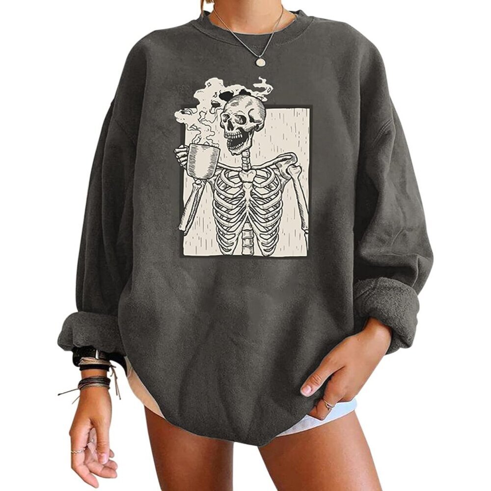 Halloween Skull Graphic Fleece Oversized Sweatshirt Crewneck Long Sleeve